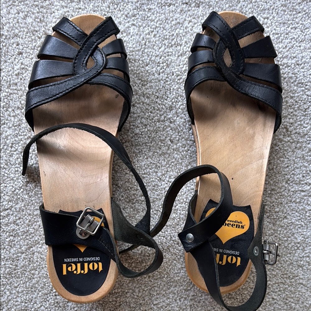 Swedish Hasbeens Black Leather Strappy Wedge Sandals